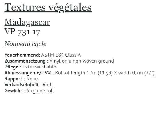 Tapete Elitis Textures Vegetales Madagascar VP 731-17 Info